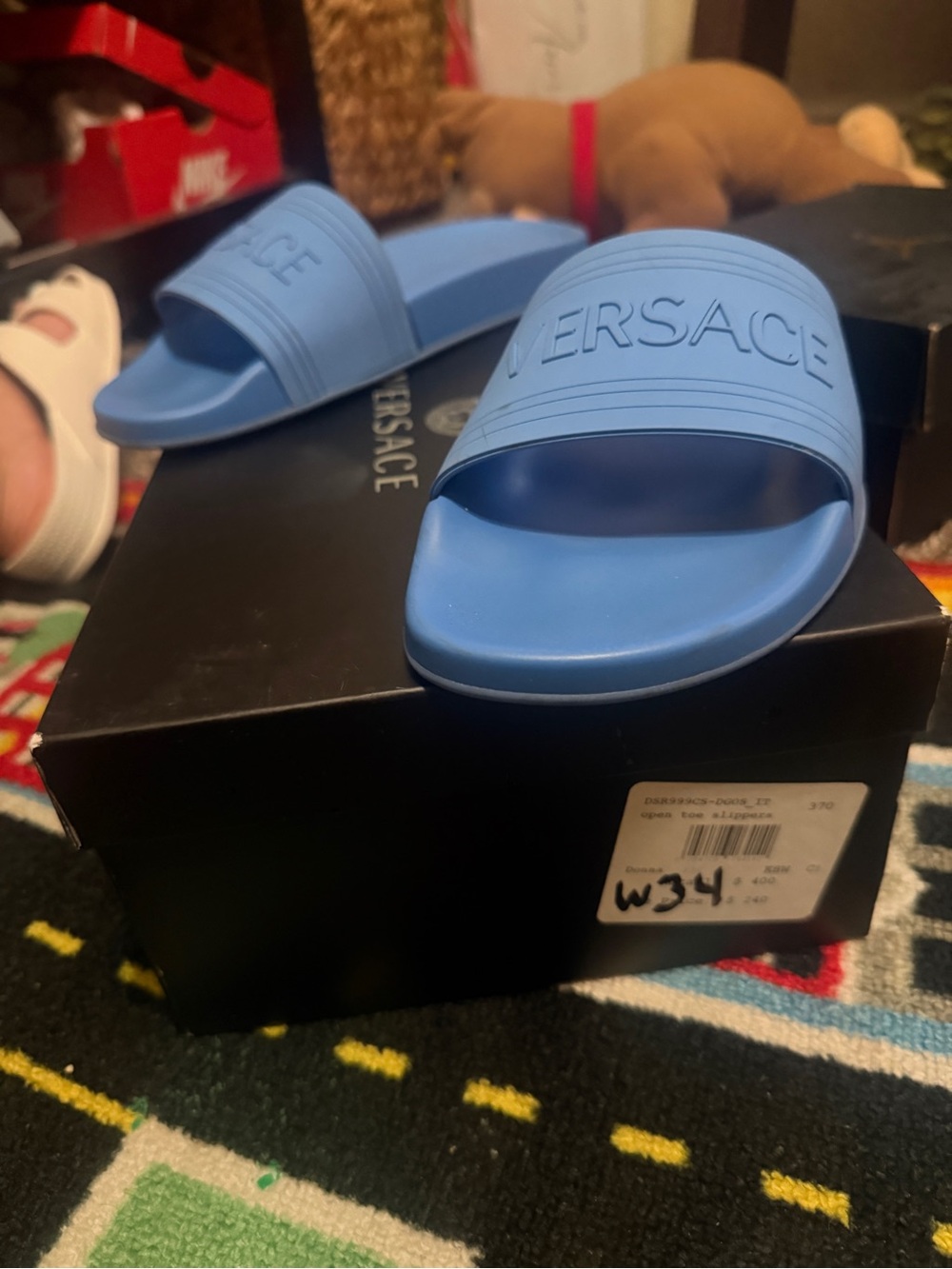 Versace Light Blue Embossed Logo Slide Sandals